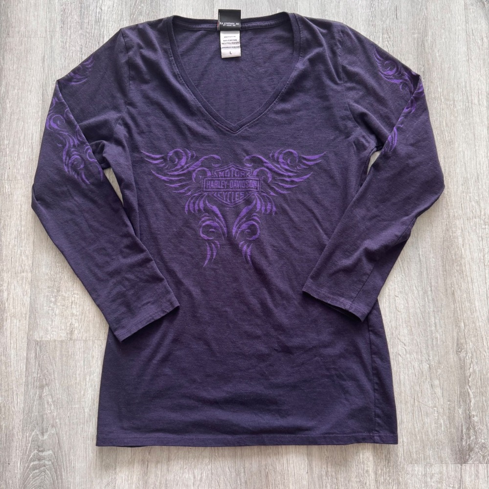 Y2K Harley-Davidson Womens Purple Tribal V-Neck Long Sleeve shirt TN Large